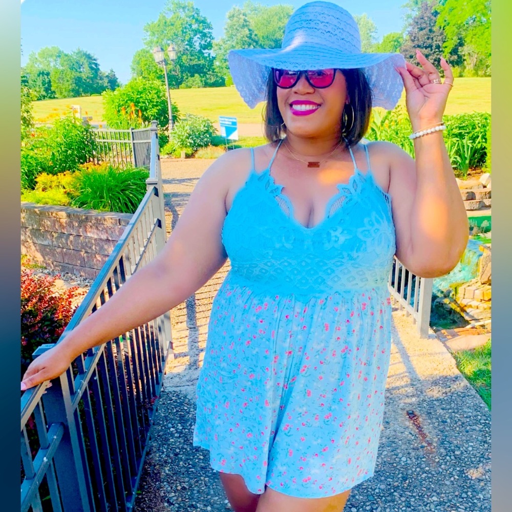 Light Blue Floral Print Crocheted Top Romper